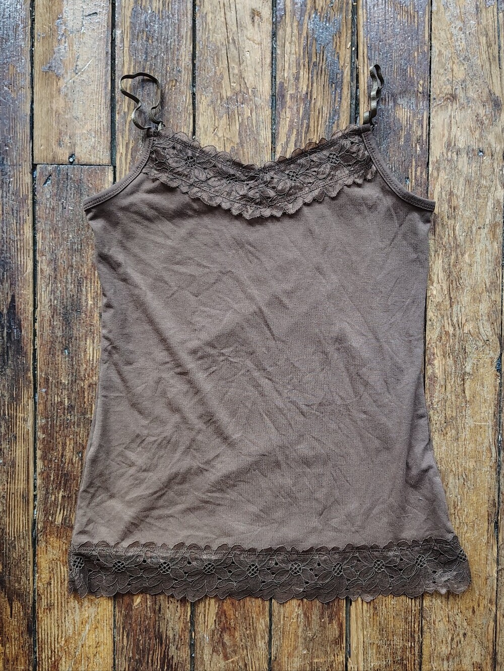 Brown Y2K Style Lace Trim Cami Tank Top Small Fairy Festival Camisole Layering
